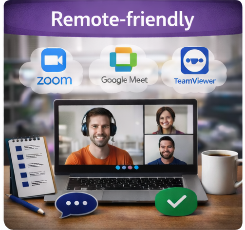 Zoom / Google Meet / TeamViewer sessions for demos, planning, and handovers.